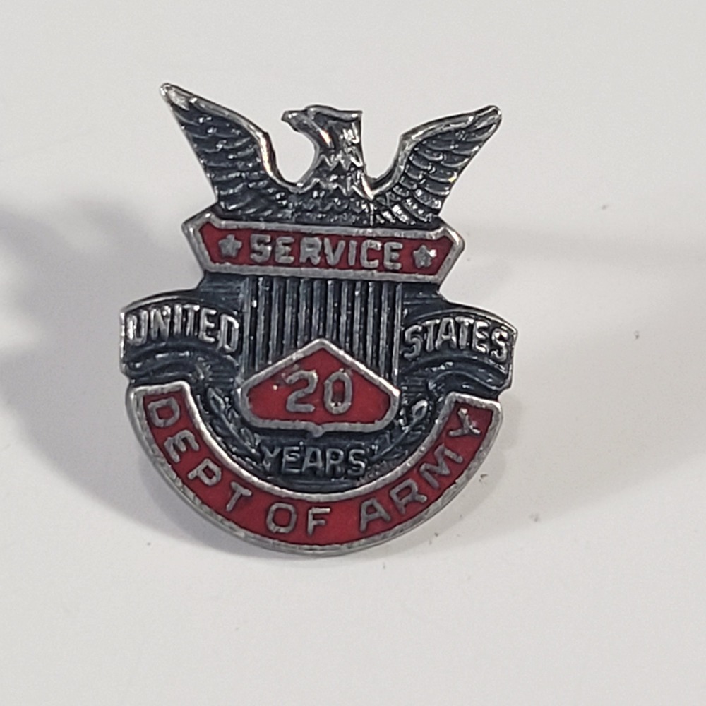 Vintage LS Sterling Silver US Dept of Army 20 Years Service Pin Eagle Enamel